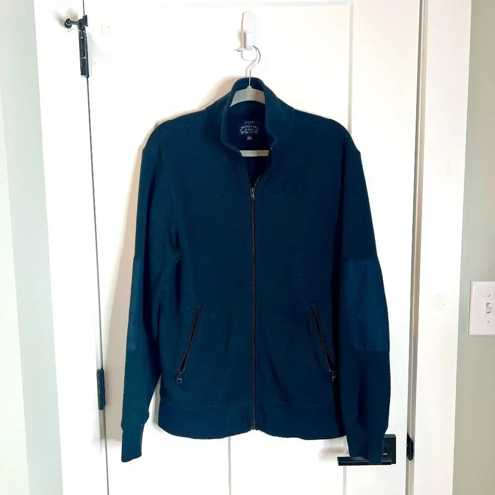 J. Crew Authentic Fleece Navy Blue Full Zip Elbow Patches Mock Neck Size Medium